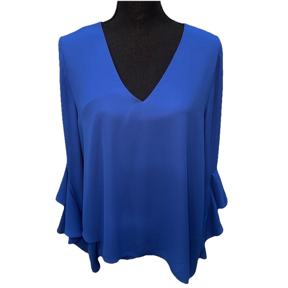 Vince Camuto Blouse Women Large Royal Blue Long Flare Sleeve Blue Flowy Pull Ove